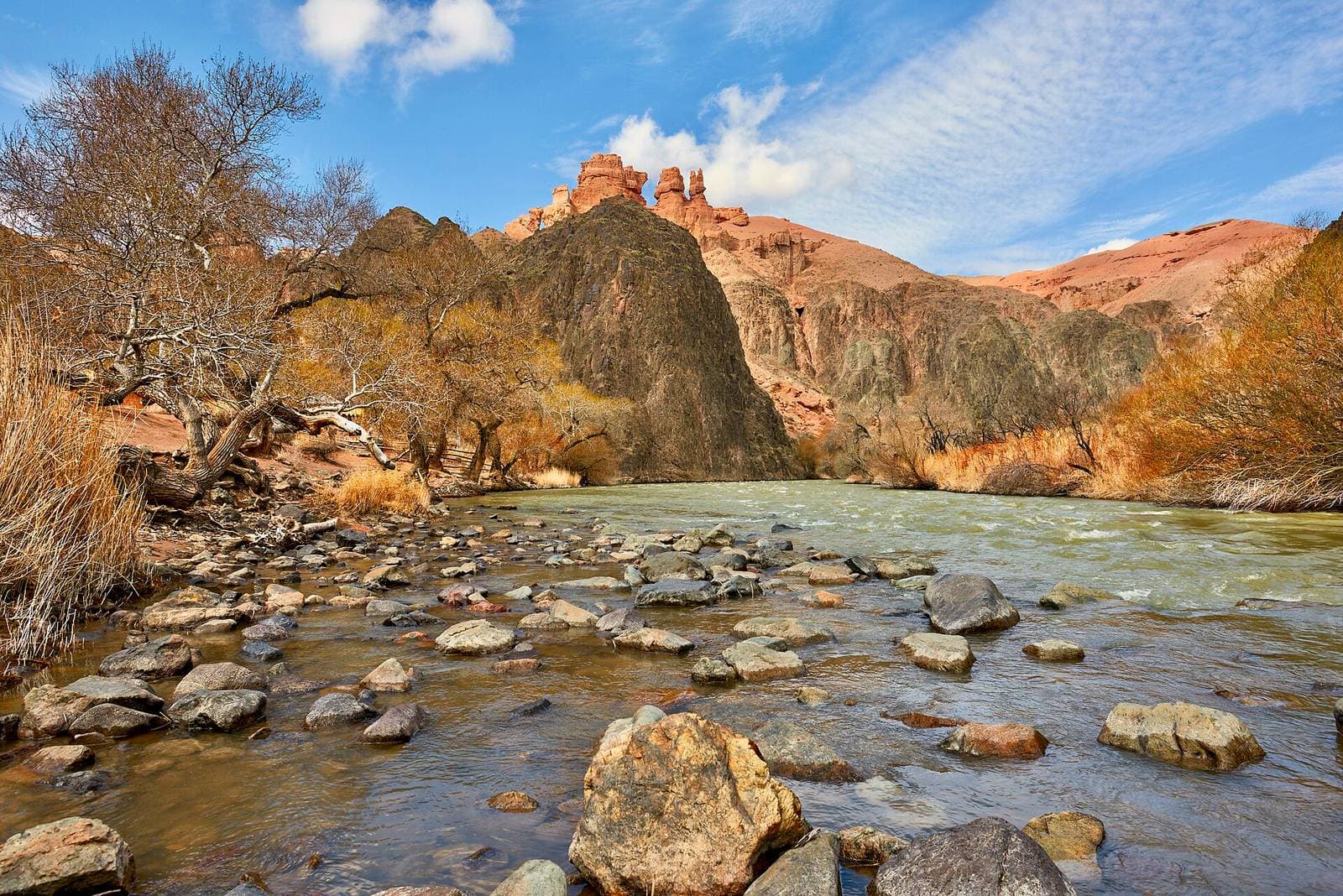 The Charyn River and red canyon walls in spring — how to get to Charyn from Almaty by minibus with a driver
