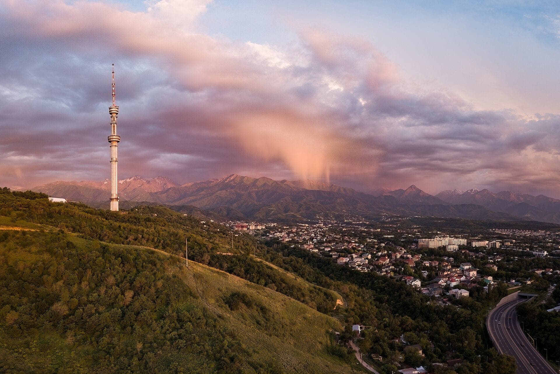 Kok-Tobe TV tower and Almaty below the Trans-Ili Alatau at sunset — where 3 days in Almaty begin